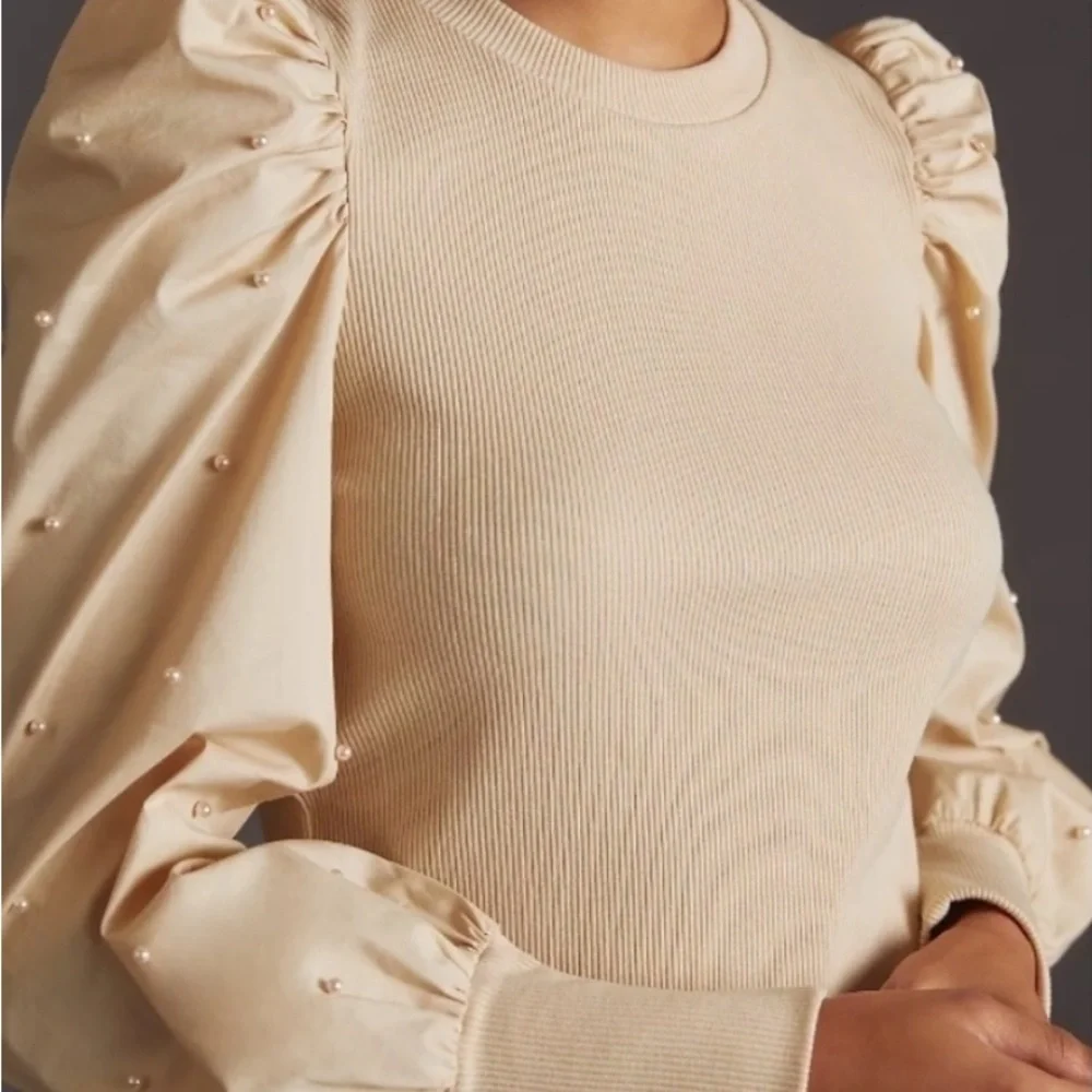 Anthropologie Dolan Cream Puff Sleeve Top Pearls Romantic Cottagecore Size XS